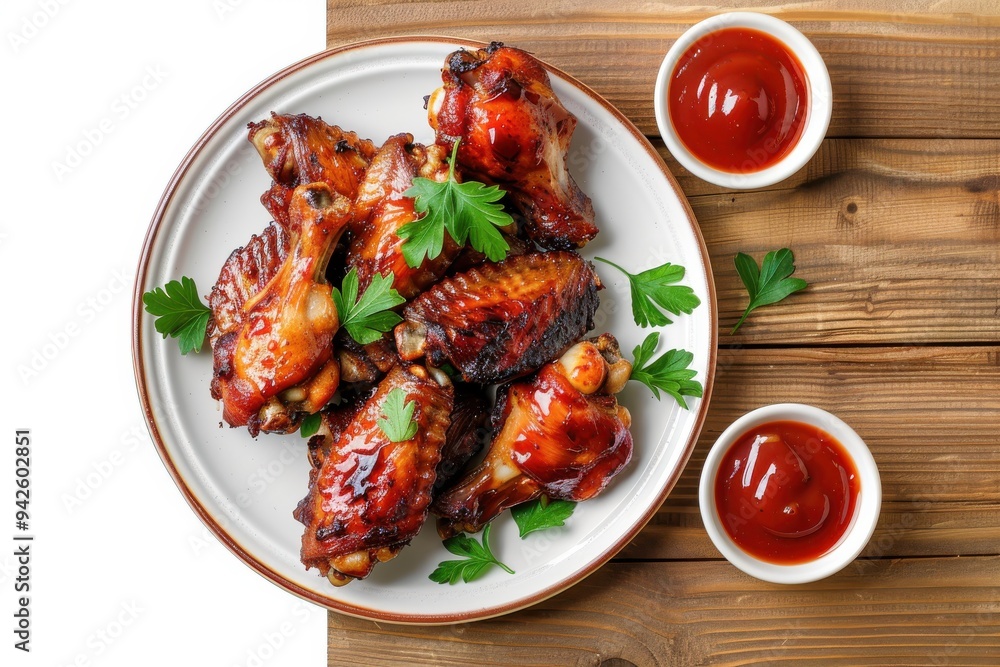 Top view of grilled chicken wings with tomato sauce on a white plate, isolated on wooden background. Top view of grilled chicken wings with tomato sauce on a white plate, isolated on wooden background.