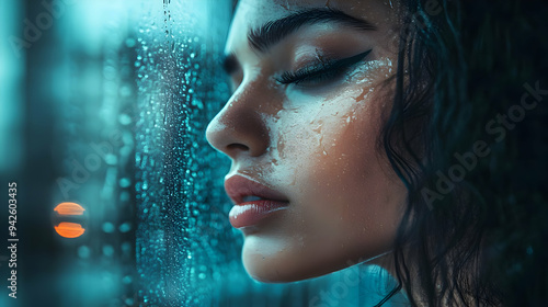 Woman with wet skin looking...