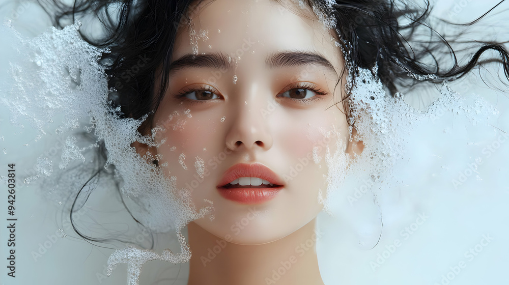 Woman's face covered in foam, looking up at the camera. Woman's face covered in foam, looking up at the camera.