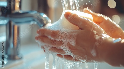 A close-up of hands washing with soap under running water, highlighting cleanliness and hygiene in a bright, modern setting.