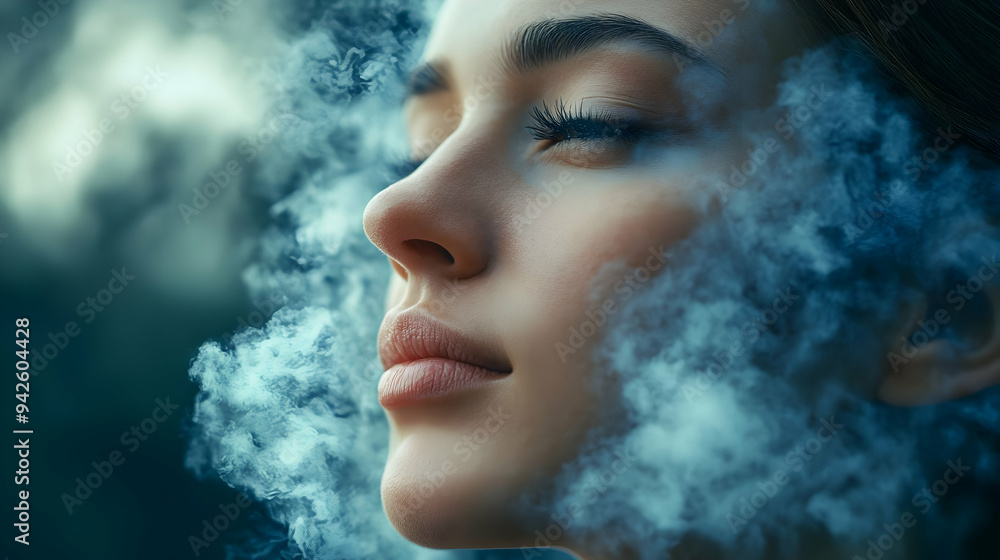 Woman's face with closed eyes surrounded by smoke. Woman's face with closed eyes surrounded by smoke.