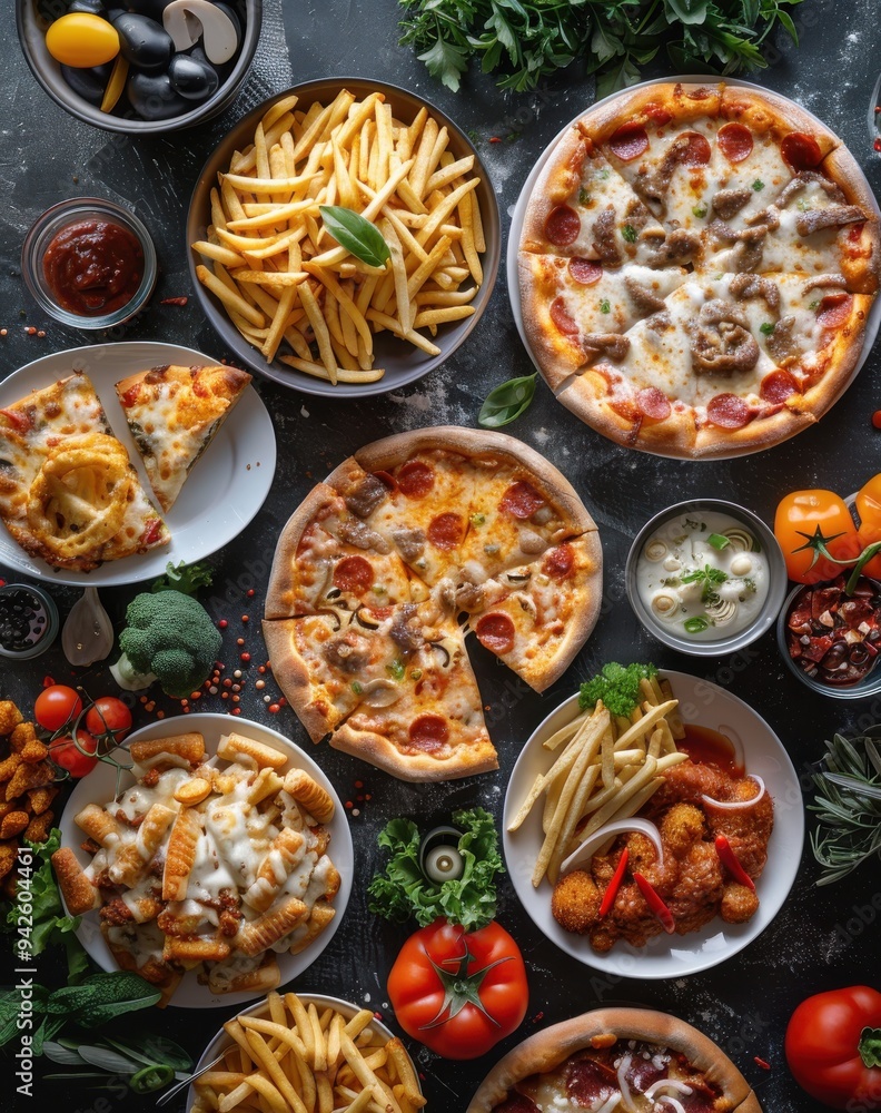 Top-down view of assorted dishes, including pizza and French fries, on a table, soft lighting, wide-angle lens. Top-down view of assorted dishes, including pizza and French fries, on a table, soft lighting, wide-angle lens.