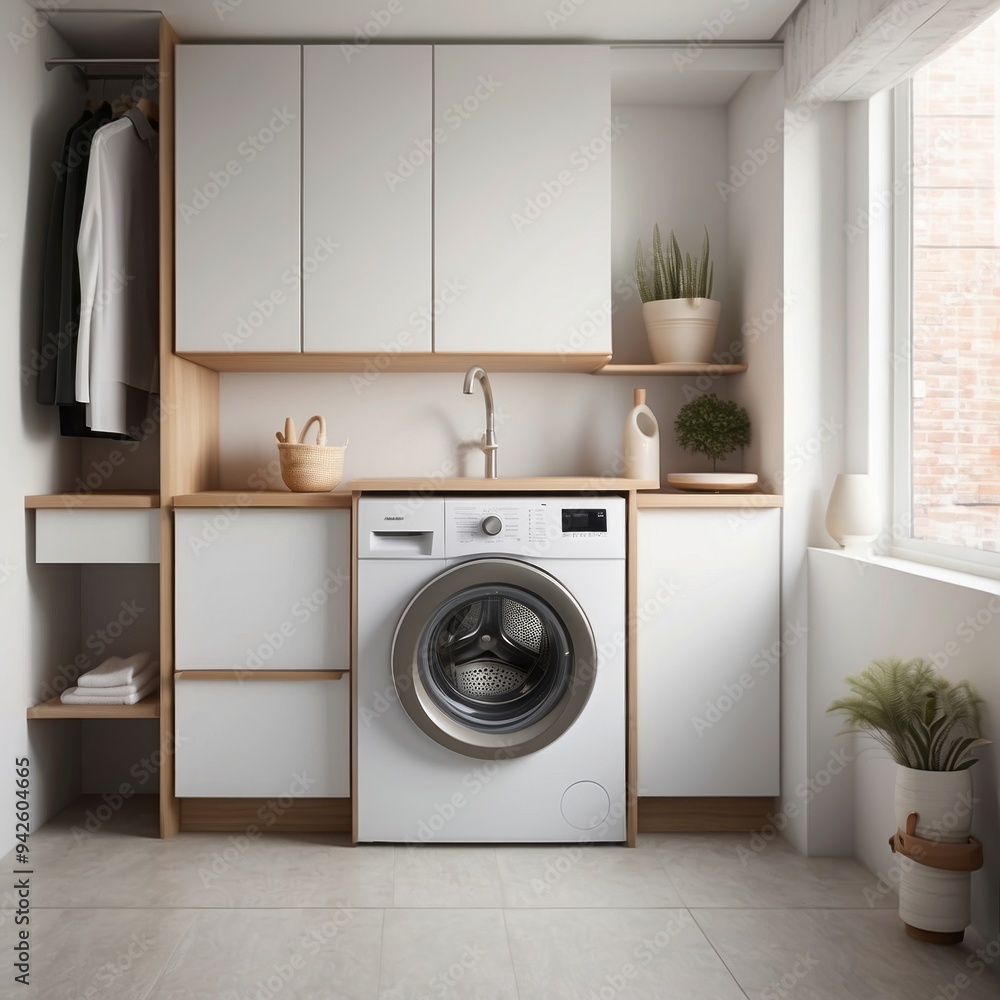 Modern Laundry Room with White Cabinets, a Washing Machine, and Plants Modern Laundry Room with White Cabinets, a Washing Machine, and Plants