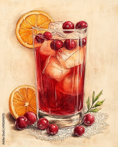 A refreshing beverage featuring ice, red cranberries, and orange slices, perfect for summer gatherings and celebrations. photo