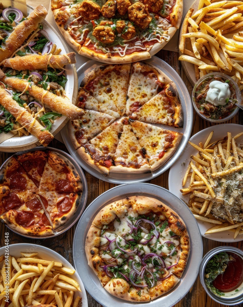 Top-down view of assorted dishes, including pizza and French fries, on a table, soft lighting, wide-angle lens. Top-down view of assorted dishes, including pizza and French fries, on a table, soft lighting, wide-angle lens.