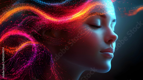 Woman's face with glowing hair, eyes closed, dark background.