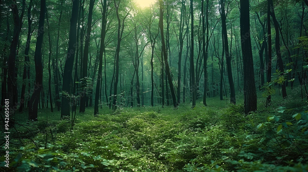 Fototapeta premium Dark woods, very dense, green. Generative AI.
