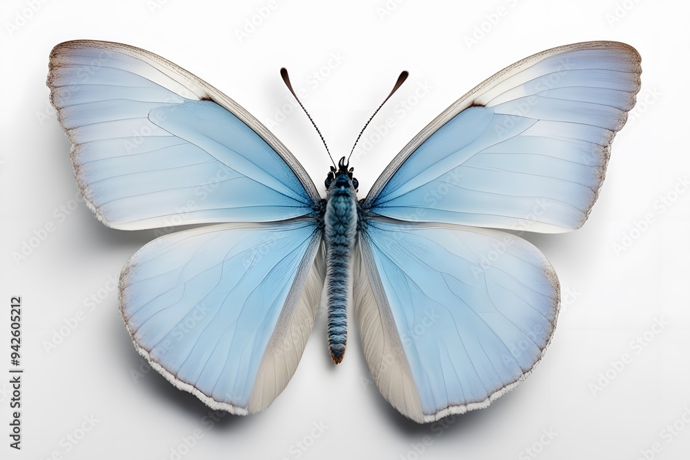 Obraz premium A delicate blue butterfly with pastel shades on a white background, AI Generated