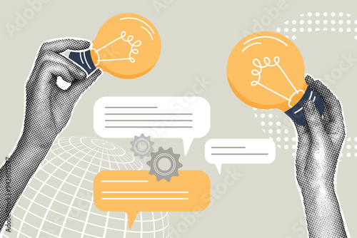 Trendy halftone collage.Idea concept, brainstorming, creativity, experience sharing. Illustration for web banner,social media banner,business presentation. 