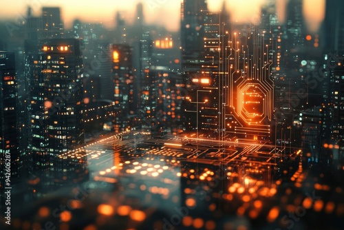 Creative bitcoin circuit hologram on blurry city backdrop. Cyber hologram concept. Double exposure , ai