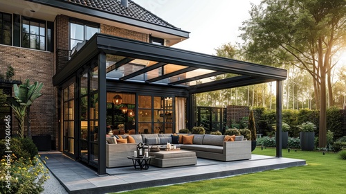 A cozy pergola with open sides and a sleek glass roof is nestled next to a charming house, surrounded by a beautiful garden. The pergola has a warm and inviting atmosphere. Generative AI. photo