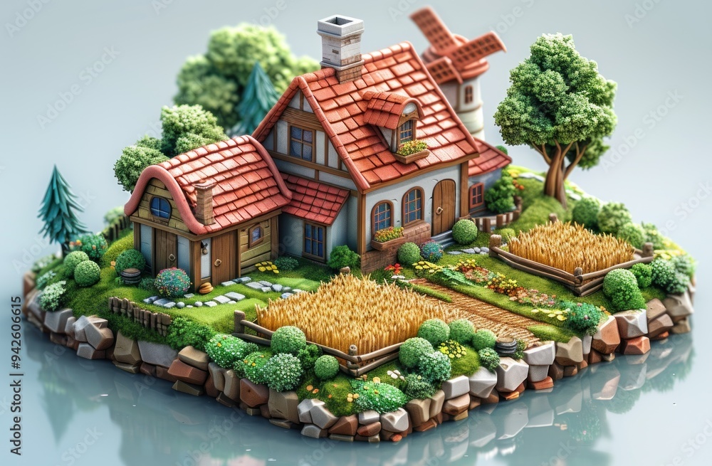 Obraz premium 3D isometric farm game icon design with a barn and farmhouse