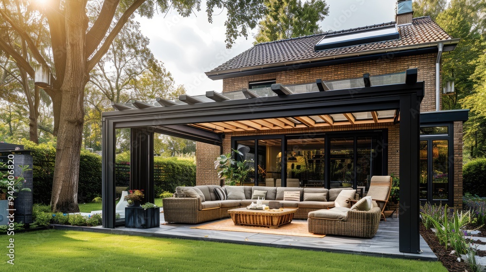 A cozy pergola with open sides and a sleek glass roof is nestled next to a charming house, surrounded by a beautiful garden. The pergola has a warm and inviting atmosphere. Generative AI. A cozy pergola with open sides and a sleek glass roof is nestled next to a charming house, surrounded by a beautiful garden. The pergola has a warm and inviting atmosphere. Generative AI.