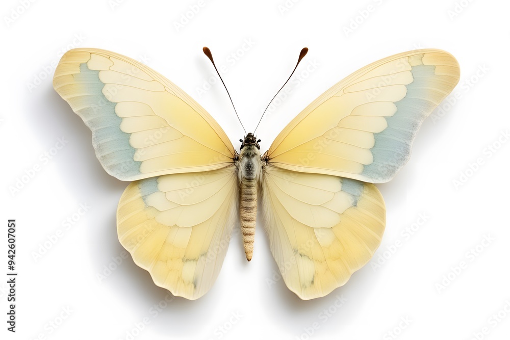 A delicate butterfly with pastel yellow wings and soft patterns on a white background, AI Generated A delicate butterfly with pastel yellow wings and soft patterns on a white background, AI Generated