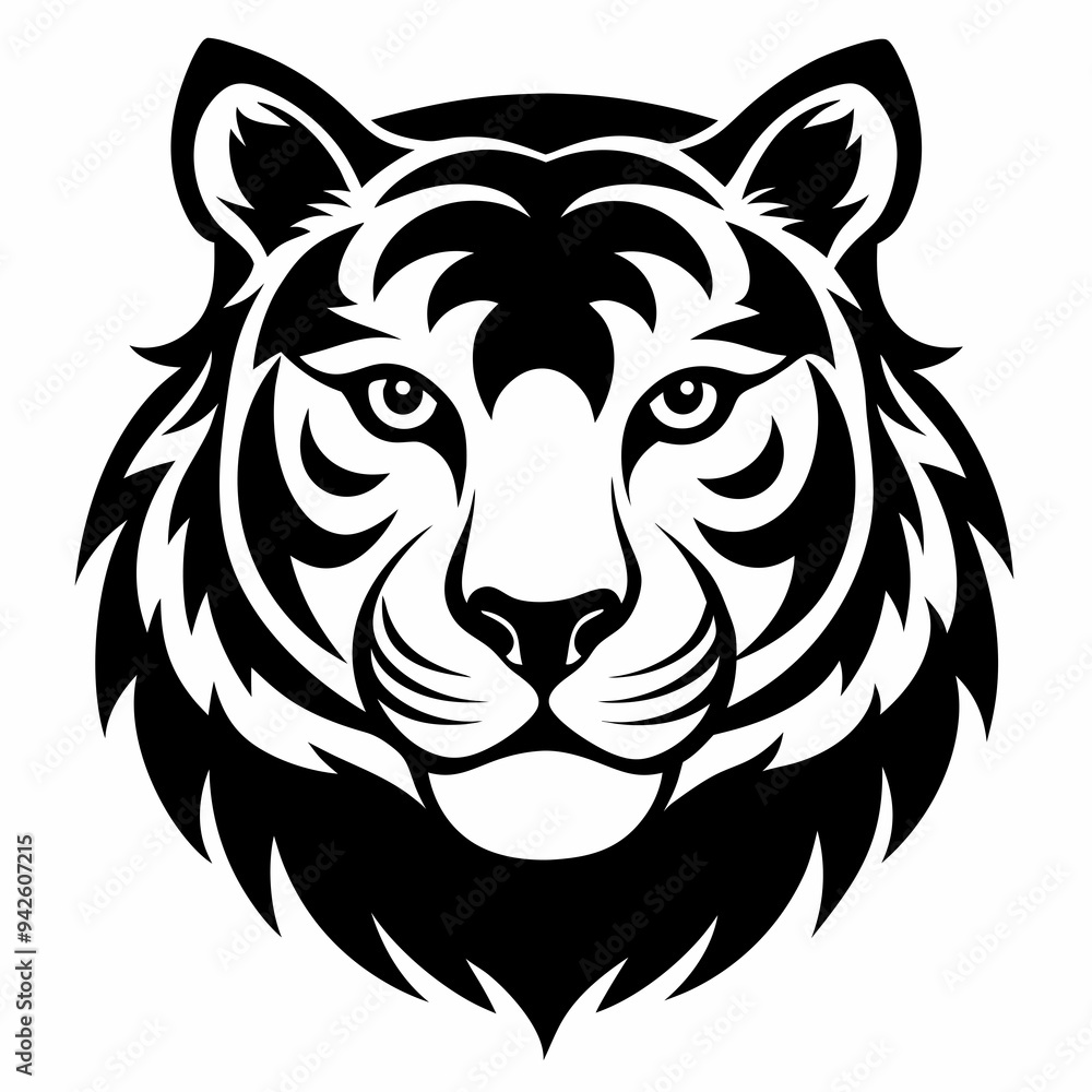 Fototapeta premium Tiger head silhouette black and white vector art illustration