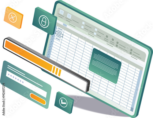 A laptop displaying an xls dashboard with a spreadsheet and various icons