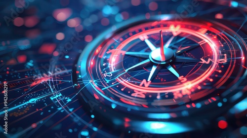 Wallpaper Mural A close-up of a compass with a gold needle pointing north, surrounded by a digital overlay of lines and glowing orbs, suggesting navigation and direction in a digital world. Torontodigital.ca