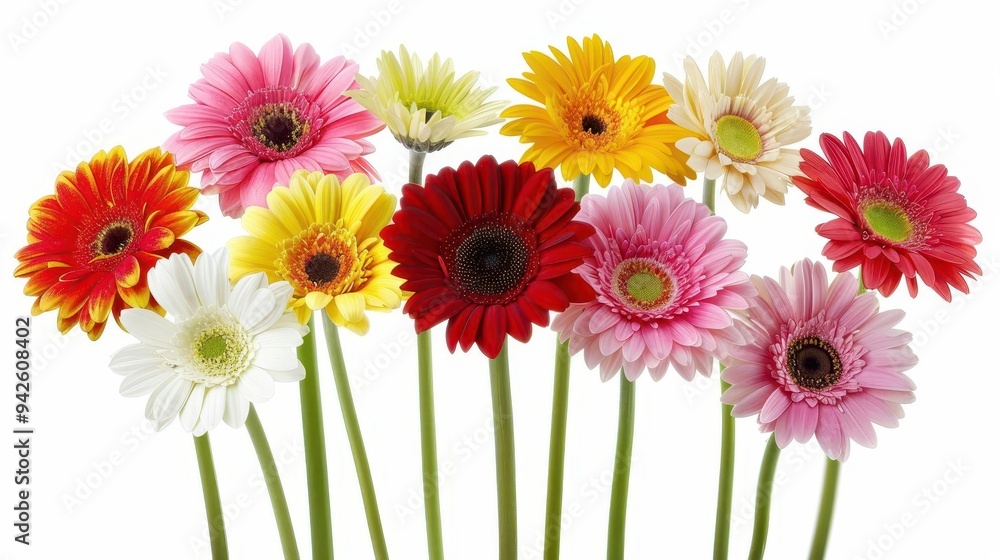 Colorful gerbera daisies, a vivid arrangement showcasing pink, yellow, red, and white blooms, symbolizing joy and cheer in a bright, cheerful display. Colorful gerbera daisies, a vivid arrangement showcasing pink, yellow, red, and white blooms, symbolizing joy and cheer in a bright, cheerful display.