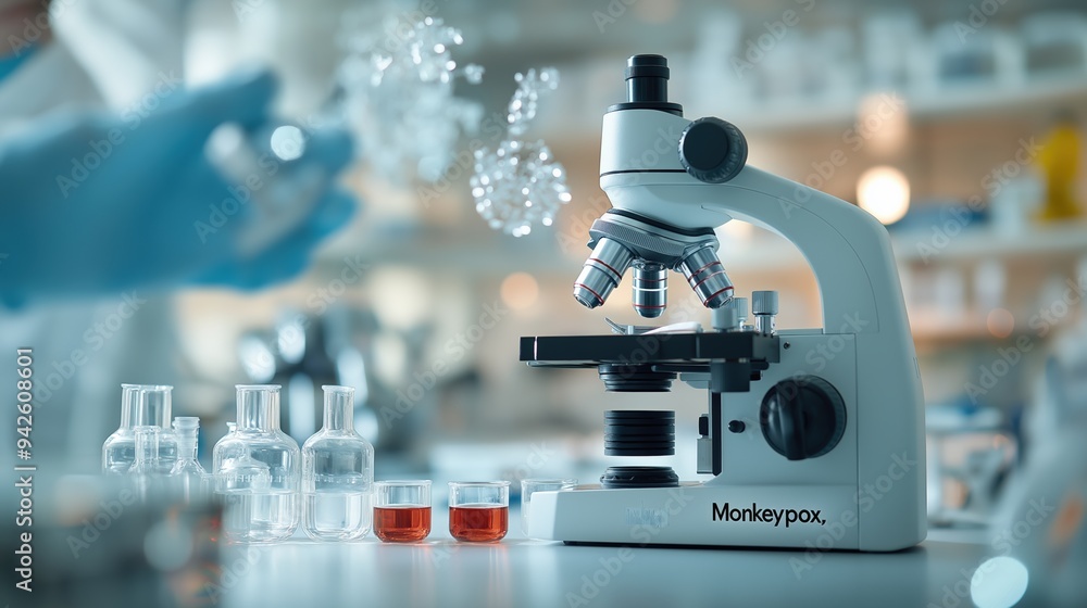Close-up of a microscope labeled 'Monkeypox' with a sample slide, representing focused research in a laboratory setting. The image highlights scientific investigation and disease analysis. Close-up of a microscope labeled 'Monkeypox' with a sample slide, representing focused research in a laboratory setting. The image highlights scientific investigation and disease analysis.