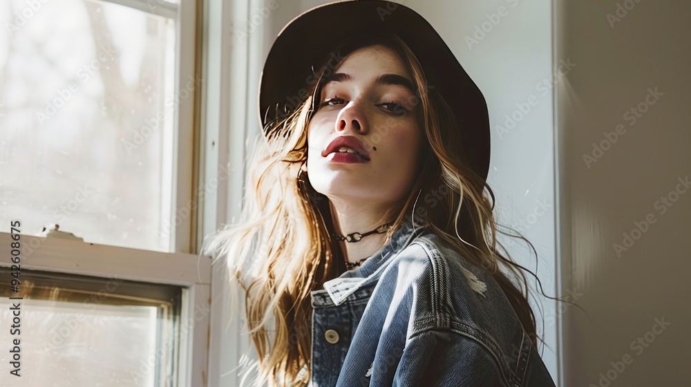 Woman looking out window in a denim jacket and hat. Woman looking out window in a denim jacket and hat.