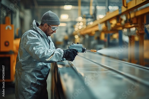 Man painting metal products with a spray gun background