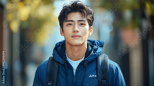 Young man in blue jacket lo...