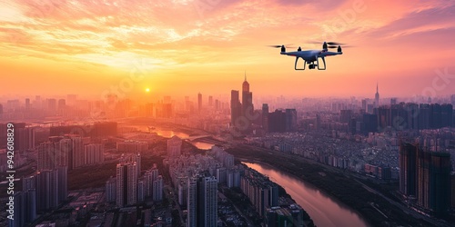 Cityscape at Sunset with Drone in the Foreground photo