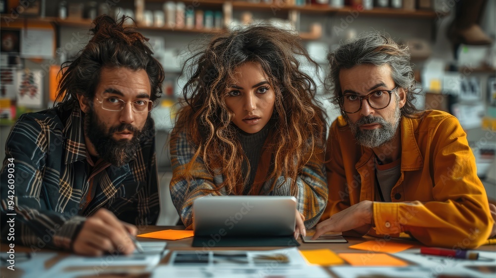 A group of creative professionals in a brainstorming session, surrounded by mood boards, sketches, and digital tablet. Generative AI. A group of creative professionals in a brainstorming session, surrounded by mood boards, sketches, and digital tablet. Generative AI.