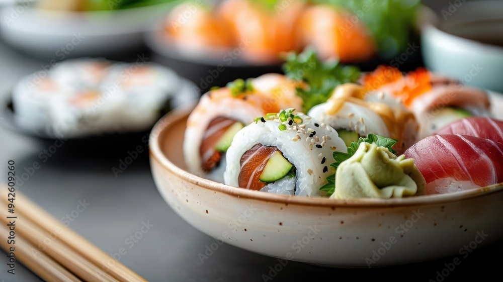 A close-up of a porcelain dish with a colorful array of sushi rolls. A close-up of a porcelain dish with a colorful array of sushi rolls.