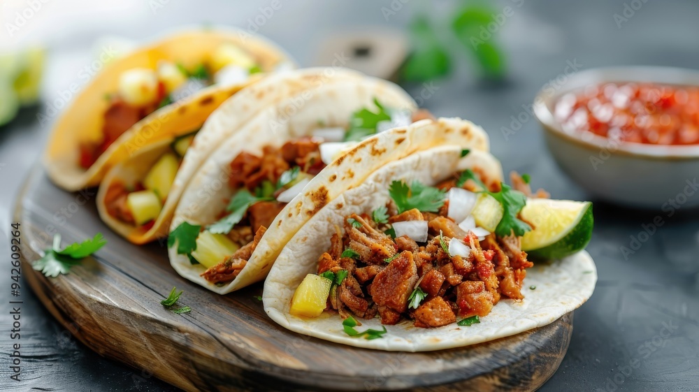 Tacos al pastor, filled with marinated pork, pineapple, and onions, served with salsa roja. Tacos al pastor, filled with marinated pork, pineapple, and onions, served with salsa roja.
