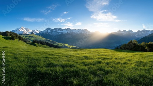 The breathtaking views of the Swiss Alps, with snow-capped peaks and rolling green meadows under a clear sky at sunrise