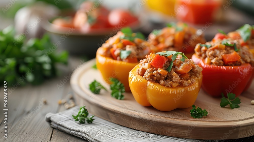 A platter of stuffed bell peppers on a rustic wooden table. A platter of stuffed bell peppers on a rustic wooden table.