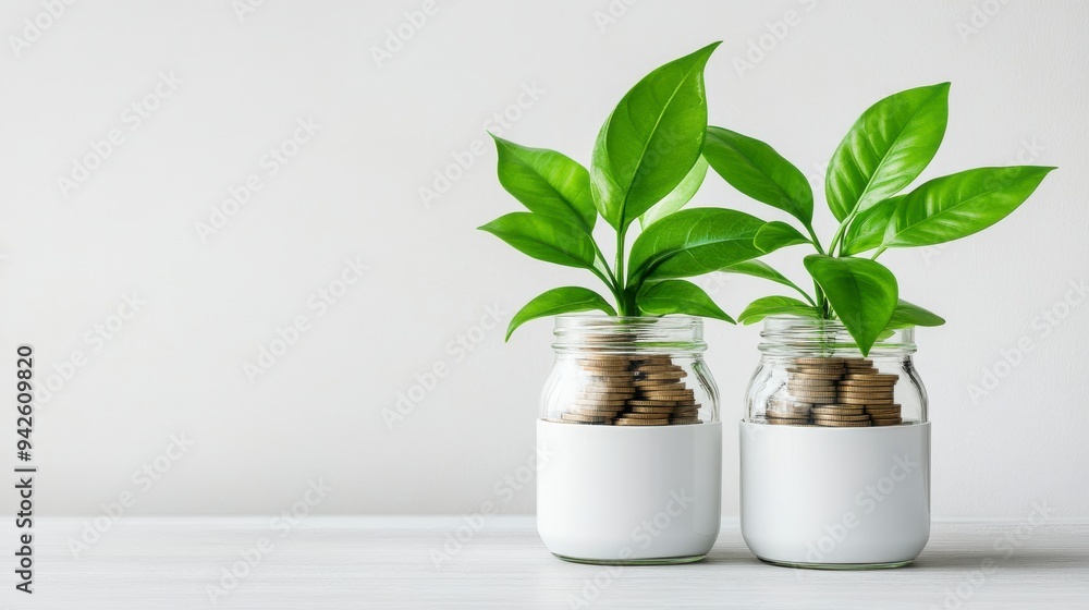 Growing Savings, Green plants sprouting from coins in glass jars, Financial growth. Growing Savings, Green plants sprouting from coins in glass jars, Financial growth.