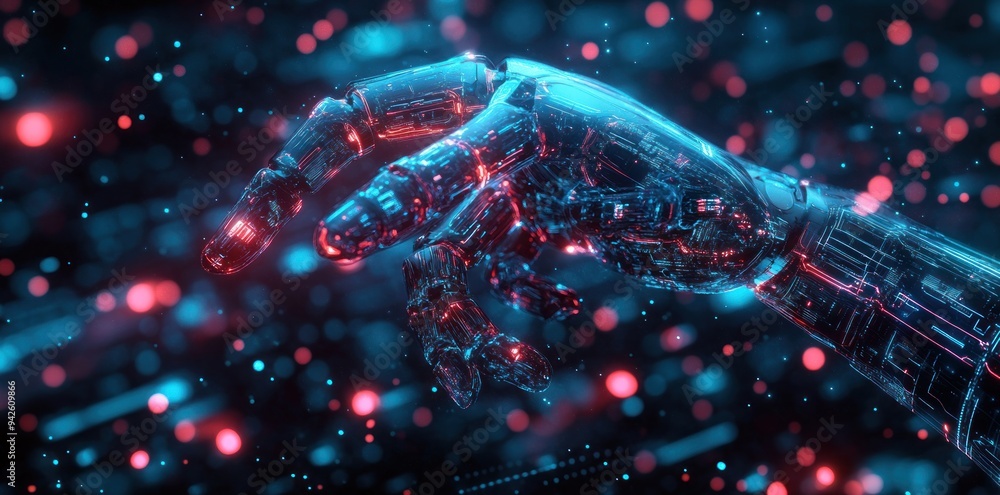 Futuristic Robotic Hand with Neon Lights in a Dark Background Futuristic Robotic Hand with Neon Lights in a Dark Background