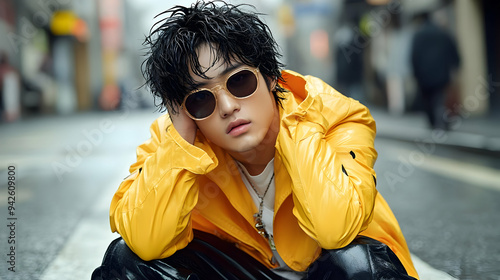 Young man in yellow raincoat with sunglasses sitting on a street. photo