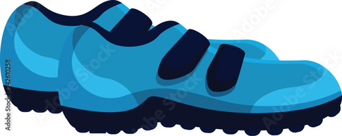 Blue sport shoes with three fasteners on each shoe are standing on white background