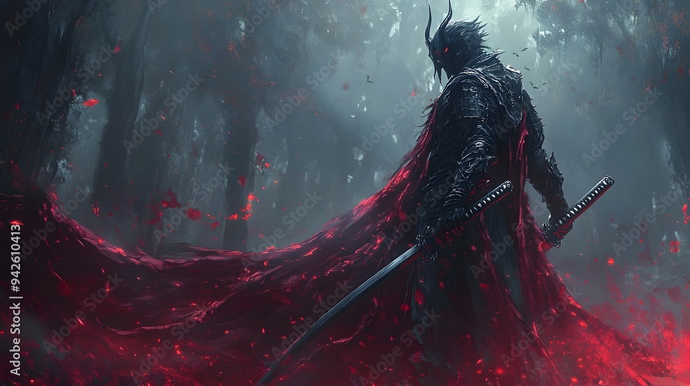 Demon Samurai Warrior Wielding Twin Swords in Enchanted Haunted Forest Demon Samurai Warrior Wielding Twin Swords in Enchanted Haunted Forest