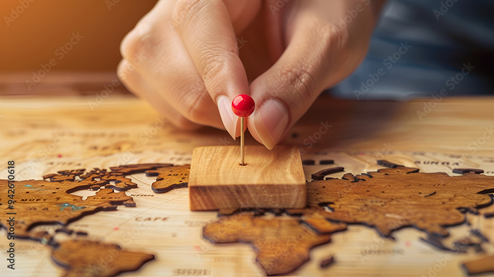 Woman hand putting red pin and marking location ai generative Woman hand putting red pin and marking location ai generative