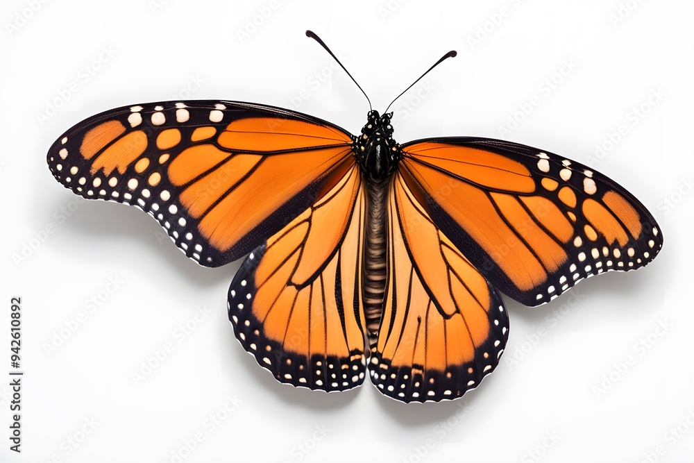 Fototapeta premium A single monarch butterfly with wings closed showcasing the underside patterns on a white background, AI Generated