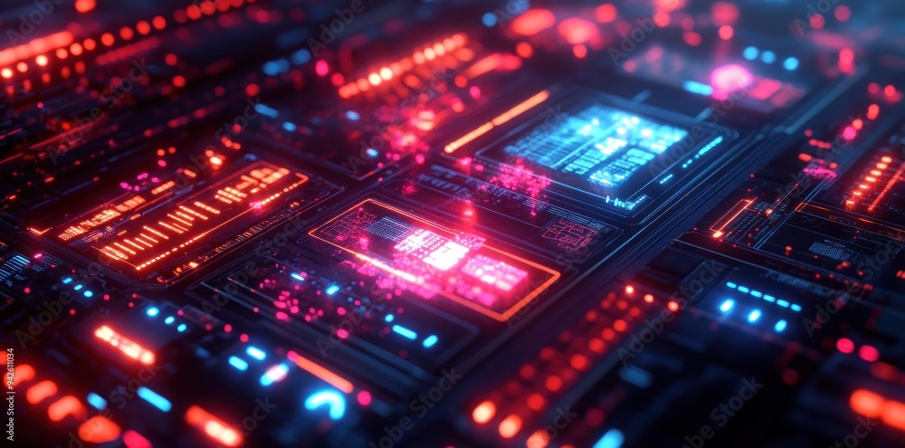 Futuristic Circuit Board with Glowing Red and Blue Lights Futuristic Circuit Board with Glowing Red and Blue Lights