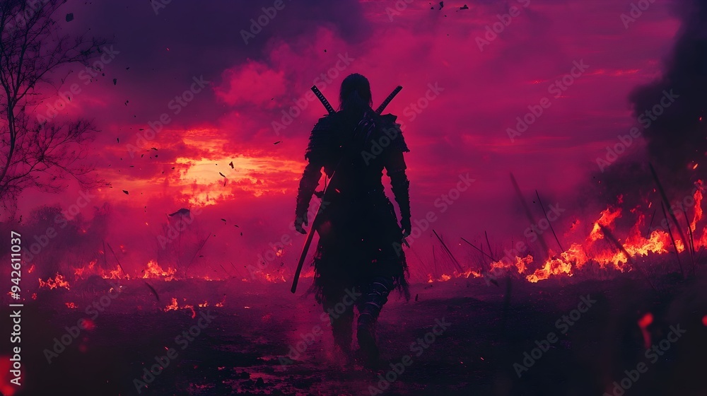 Fototapeta premium Ominous Samurai Demon Silhouette Amid Fiery Battlefield Sunset Skies