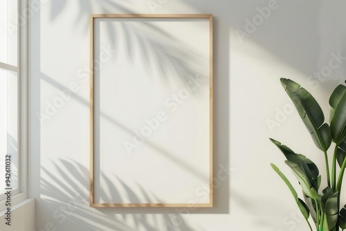 Minimalist empty frame on a bright wall, sunlight casting gentle shadows, lush green plant nearby, creating an inviting and serene space ready for creativity.