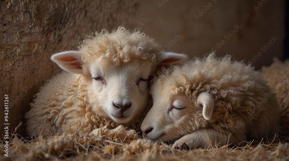 Two sheeps babies sleeping leaning against each other.generative.ai Two sheeps babies sleeping leaning against each other.generative.ai