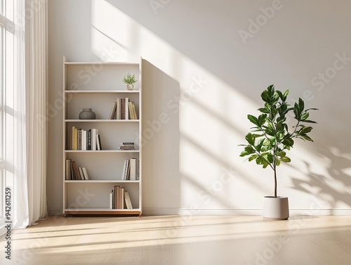 Bright and spacious interior featuring a minimalist bookshelf and potted plant, illuminated by soft natural sunlight.