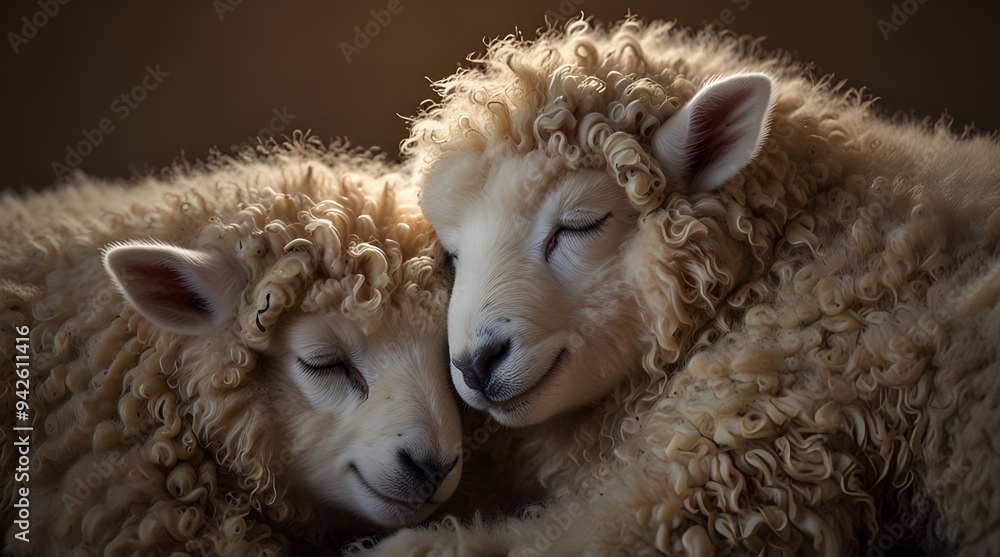 Two sheeps babies sleeping leaning against each other.generative.ai Two sheeps babies sleeping leaning against each other.generative.ai
