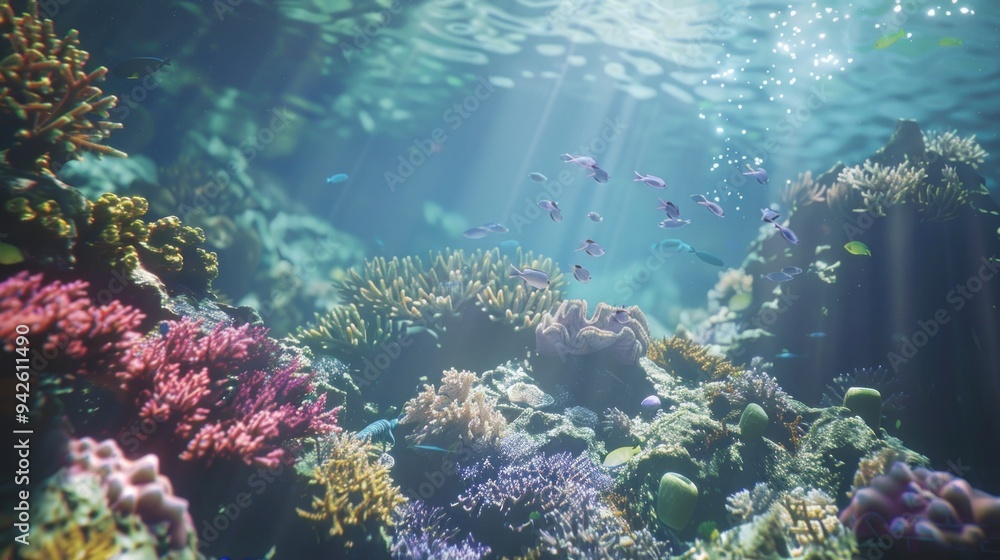 Fototapeta premium Underwater coral reef with vibrant fish and sunlight.