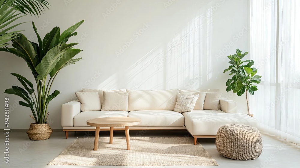 Stylish living room featuring a comfortable sofa, wooden furniture, and indoor plants, creating a serene and modern atmosphere. Stylish living room featuring a comfortable sofa, wooden furniture, and indoor plants, creating a serene and modern atmosphere.