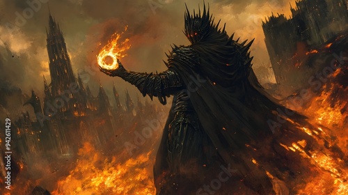 Menacing Dark Lord in Spiked Armor Wielding Glowing Ring Amid Erupting Flames and Ominous Fortress