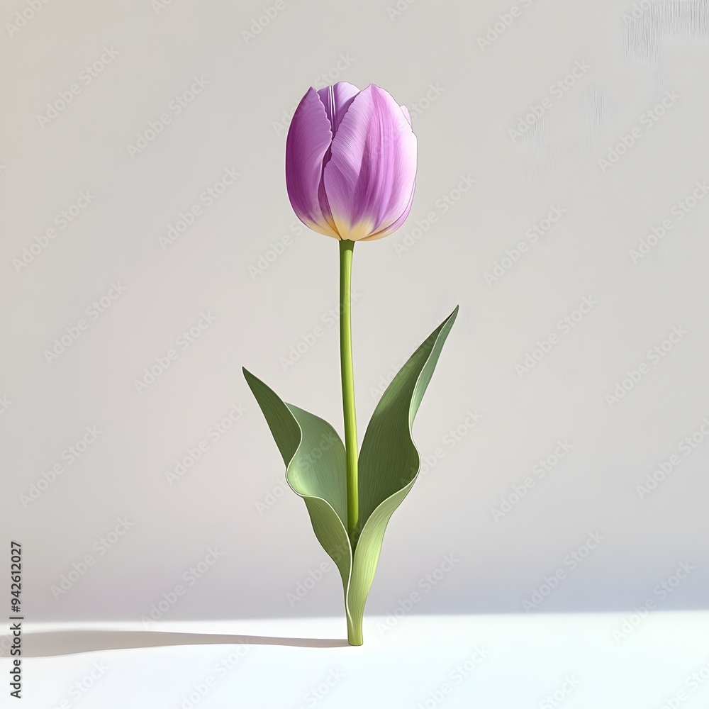 Lone Violet Tulip Bloom Standing Tall Against Minimalist White Background Lone Violet Tulip Bloom Standing Tall Against Minimalist White Background