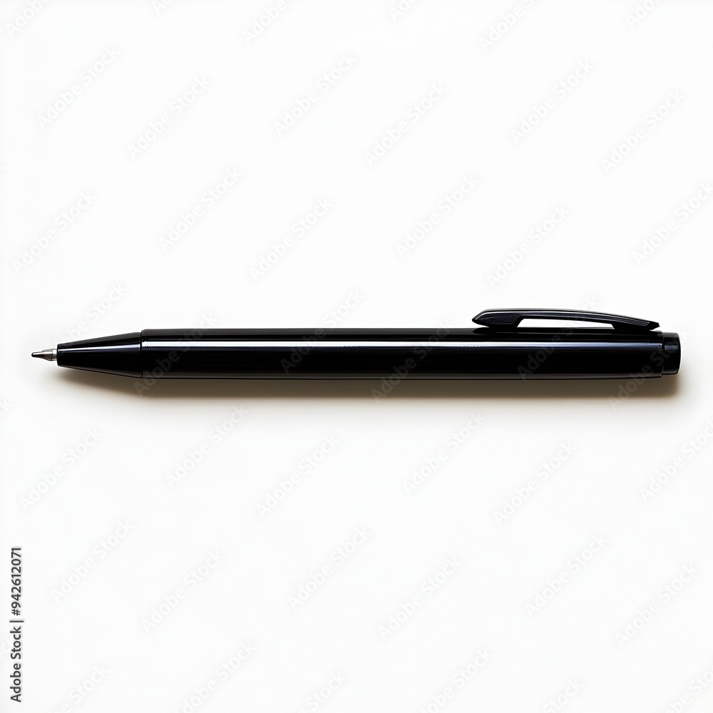 Solitary Black Ballpoint Pen Resting on Pristine White Surface Solitary Black Ballpoint Pen Resting on Pristine White Surface